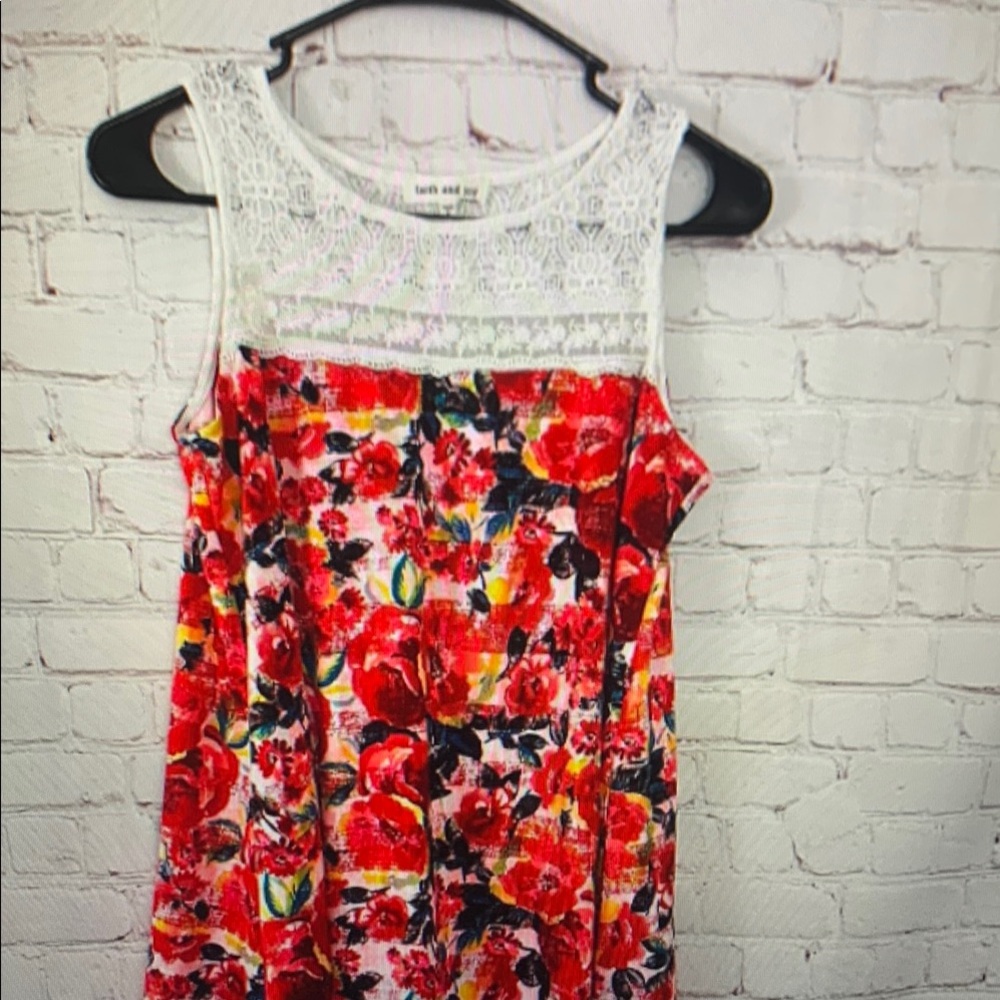 Red Floral Dress with Lace Top